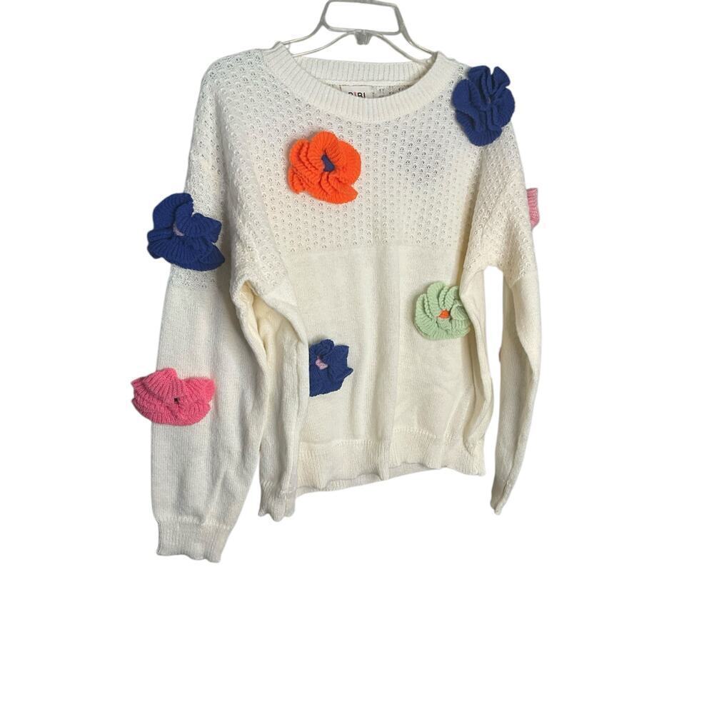 Bibi Crochet Flower Sweater Long Sleeve Crewneck Beige Womens Size Large NEW